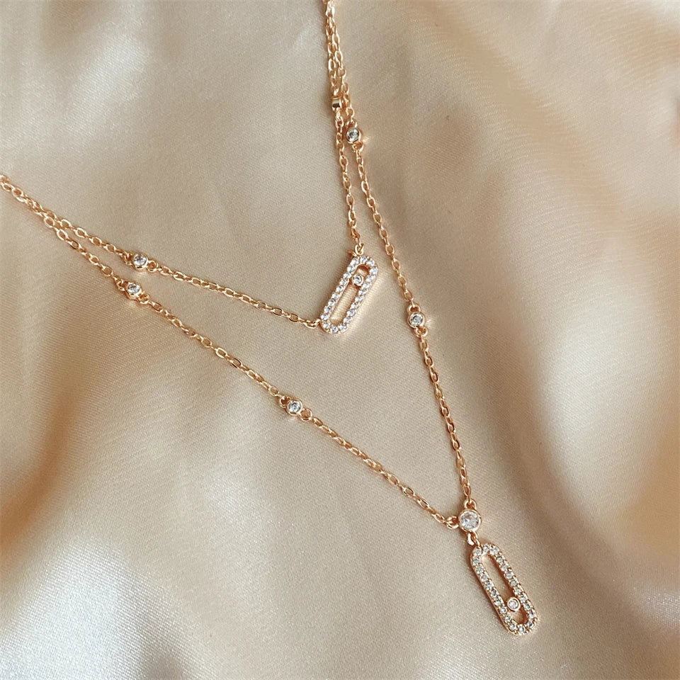 Paperclip Double-Layer Necklace Women With Full Diamonds Rectangular 18K Gold Pendant Long Tassel Clavicle Chain Daily Jewelry