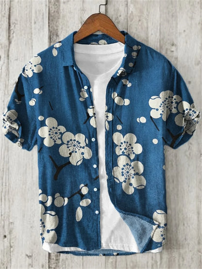 Hawaiian Shirt with Bamboo Joint, Plum Blossom, Sunrise Print, Japanese Art Linen, Leisure Holiday,  Cardigan, Flip Collar, New
