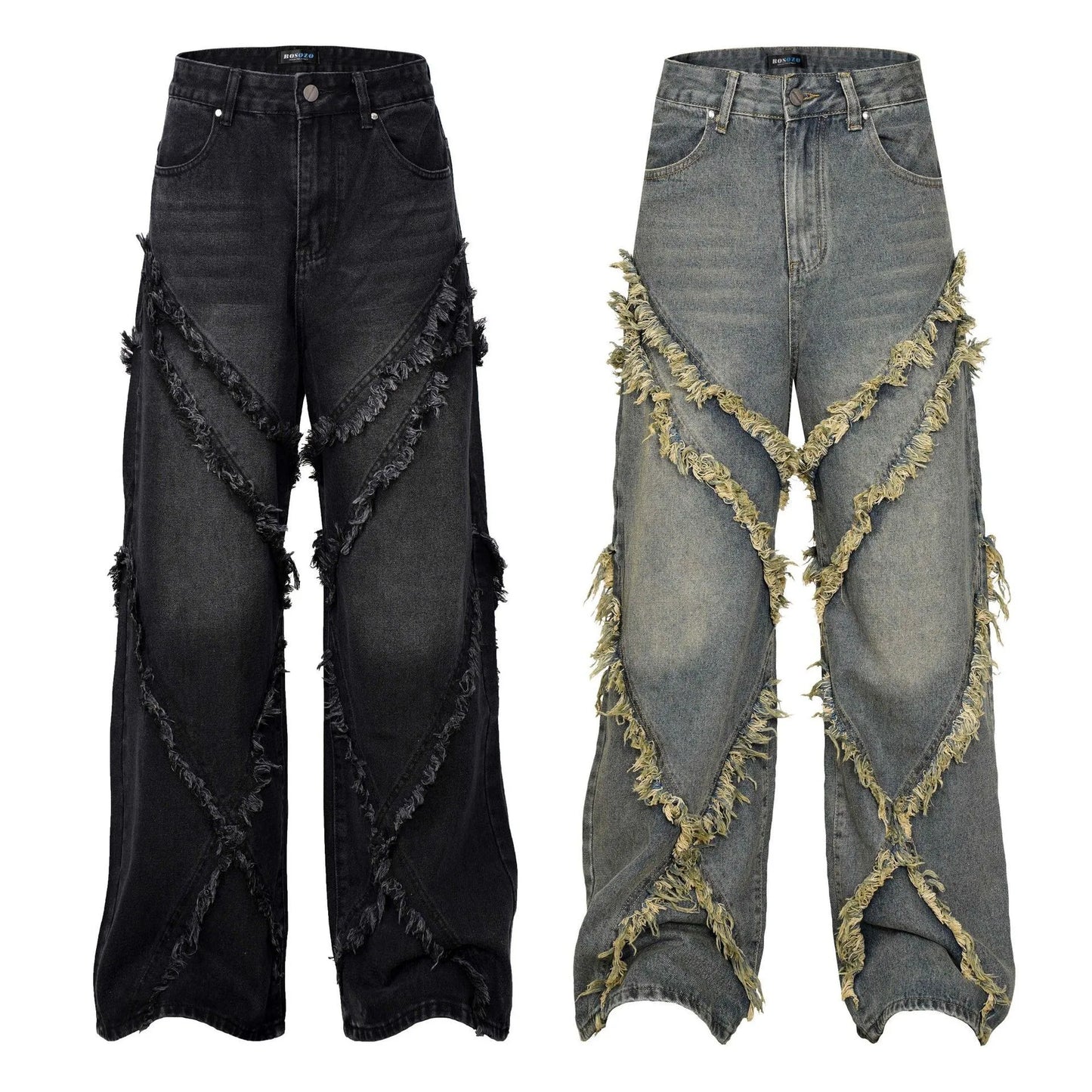 High Street American Washed Old Splicing Cat Whisker Jeans Men's and Women's Same Trendy Brand Loose Wide Leg Straight Pants