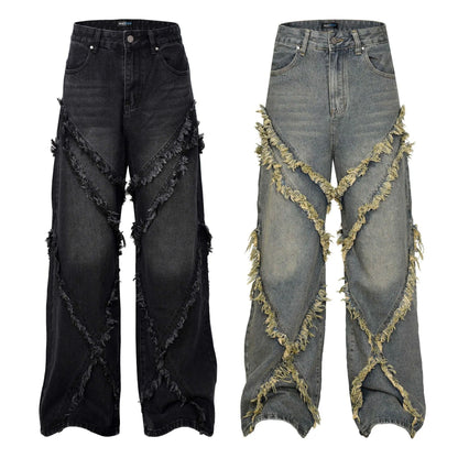 High Street American Washed Old Splicing Cat Whisker Jeans Men's and Women's Same Trendy Brand Loose Wide Leg Straight Pants