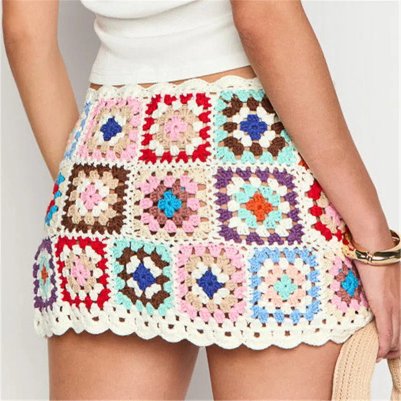 Women Floral Crochet Cover Up Mini Skirt Hollow Out Knit Bikini Swimsuit Coverups Skirt Summer Vacation Beach Skirts
