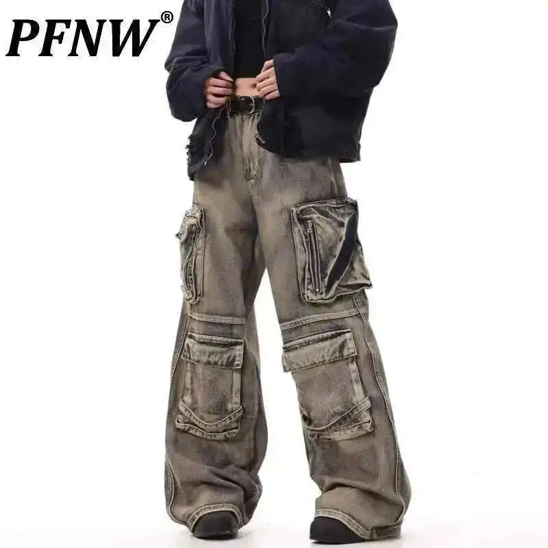 PFNW American Washed Distressed Denim Cargo Pants For Men Multi Pocket Spliced Design Hip-hop Loose Wide Leg Baggy Jeans 28W5622