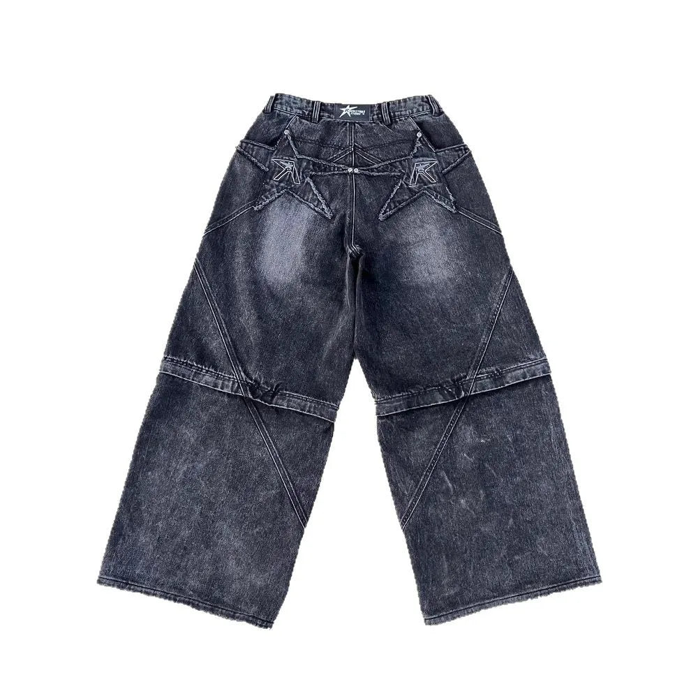 Men Straight Jean Denim Pants Jeans Ankle Length Pant Pockets Washed High Street Loose Spliced Distressed Zipper Fly Vintage