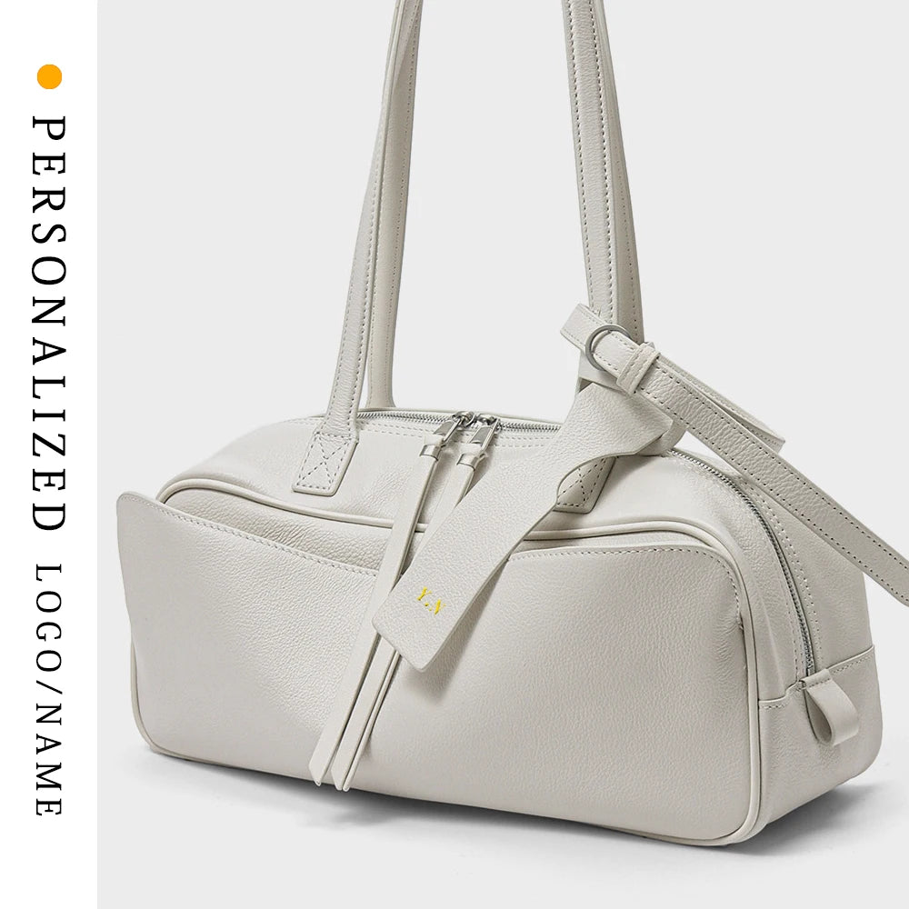 Free Gold Stamping First Letter 2025 Spring and Summer Genuine Leather Bowling New Women's Bag Simple First Layer Cowhide Boston