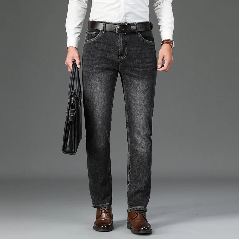 Autumn Winter Cotton Smoke Gray Men's Loose Straight Jeans Business Casual Elastic All-match Pants Denim Trousers Male Brand
