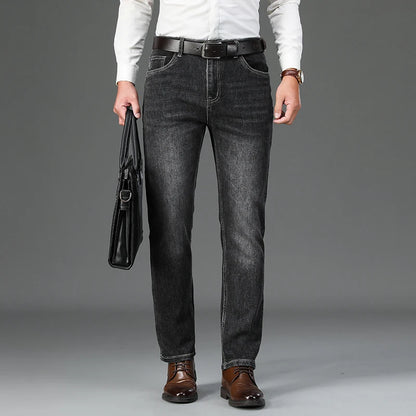 Autumn Winter Cotton Smoke Gray Men's Loose Straight Jeans Business Casual Elastic All-match Pants Denim Trousers Male Brand