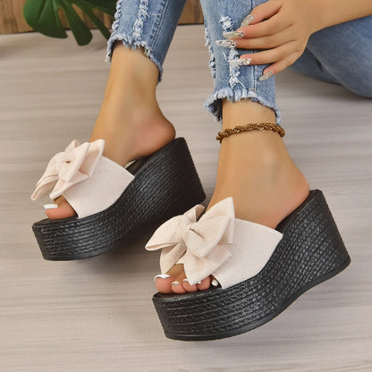 Platform Bowknot High Heels Slippers Women's Wedding Shoes Summer 2025 Casual White Black Slides Ladies Beach Pantuflas De Mujer
