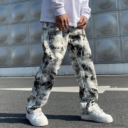 Mens Jean Fashion Printed jeans Spring 2024 Mopping Trousers Jeans Korean Style High Street Loose Hip Hop Wide-leg Jean Pants