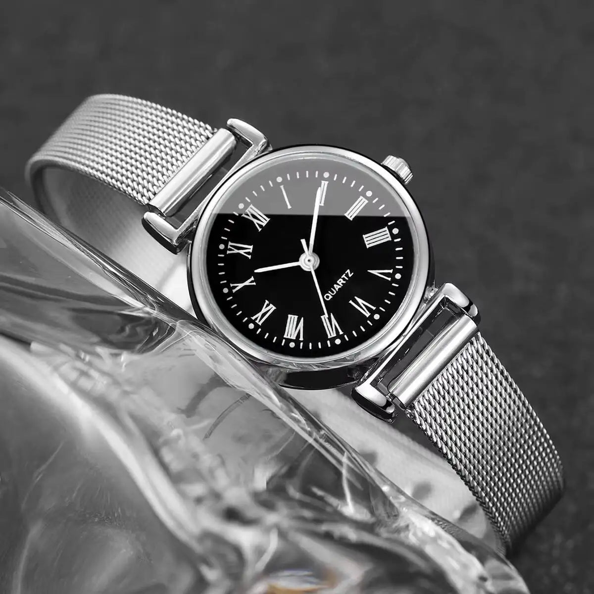 3PCS Fashion Roma Dial Women Watches Silver Mesh Band Quartz Wristwatches Jewelry Set Reloj Mujer（Without Box）