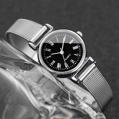3PCS Fashion Roma Dial Women Watches Silver Mesh Band Quartz Wristwatches Jewelry Set Reloj Mujer（Without Box）