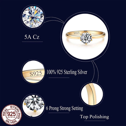 CWWZircons 925 Sterling Silver 1CT Round Cubic Zircon Gold Plated Rings for Women Wedding Band Engagement Party Jewelry SR053