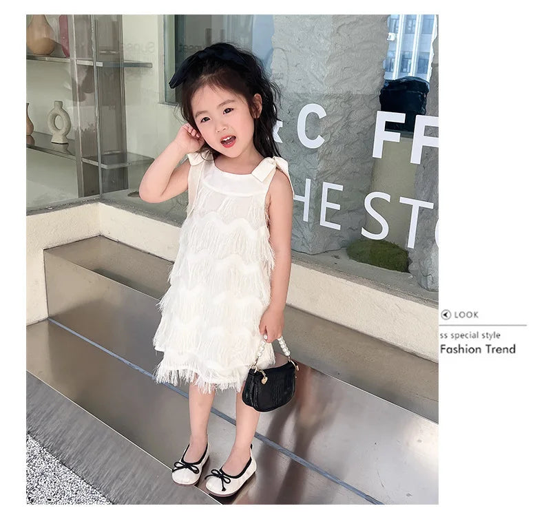 Girls Casual Dresses Fringe Bow Princess Dress Sleeveless Halter Dress for Kids White Princess Dress for Girls 2 To 7 Years