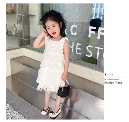 Girls Casual Dresses Fringe Bow Princess Dress Sleeveless Halter Dress for Kids White Princess Dress for Girls 2 To 7 Years