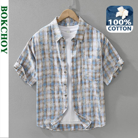 2025 Summer New 100% Cotton Casual Plaid Short Sleeve Shirt for Men Loose Turn-down Collar Shirt CM8265
