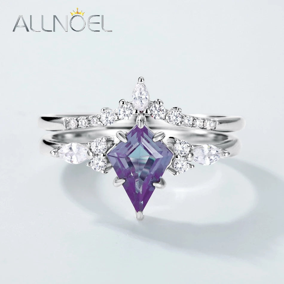 ALLNOEL Kite Cut 0.91ct Alexandrite 925 Silver Ring For Women Wedding Bridal Set Jewelry June Birthstone Birthday Gift Wholesale