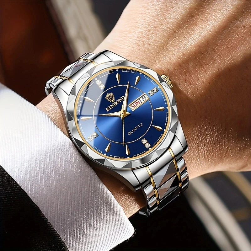 2025 New Watch Diamond Luxury Night Glow Double Calendar Quartz Movement Gold Blue Stainless Steel Fashion Business Man Watch