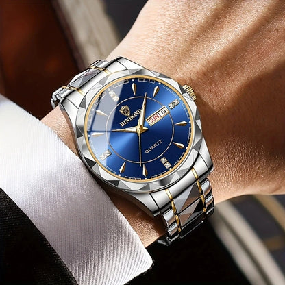 2025 New Watch Diamond Luxury Night Glow Double Calendar Quartz Movement Gold Blue Stainless Steel Fashion Business Man Watch