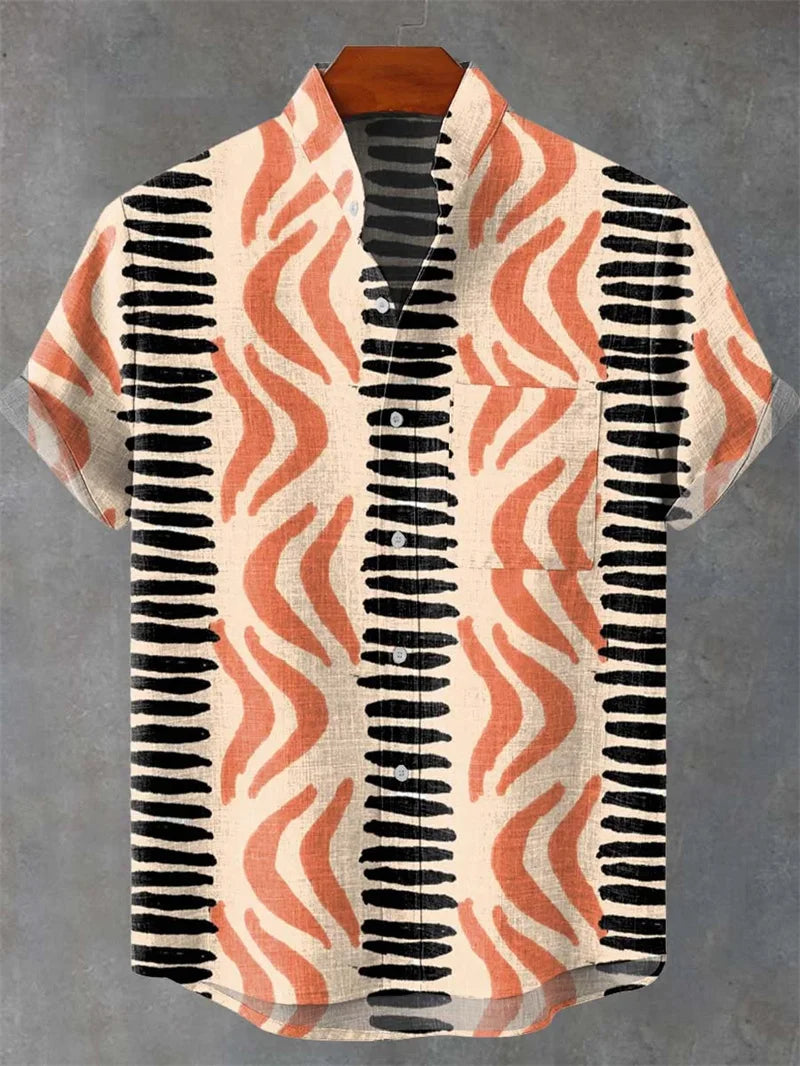 Men's Linen Batik Shirt Retro Short Sleeved Top Fashionable Summer Casual Ethnic Clothing Shirt Plus Size Streetwear