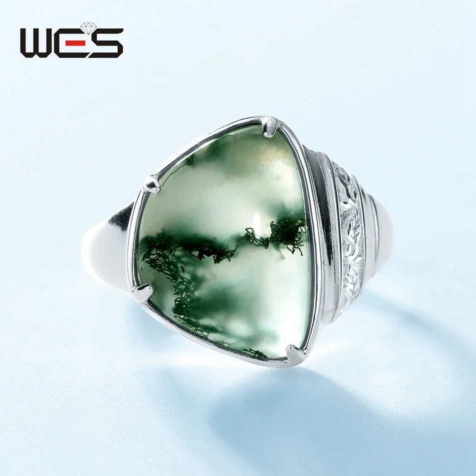 WES 925 Sterling Silver Moss Agate Rings for Woman Gemstone 10.5*15mm Certified Jewelry Wedding Gifts Anniversary Valentine Band