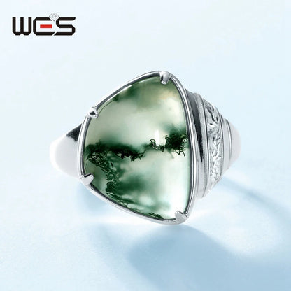 WES 925 Sterling Silver Moss Agate Rings for Woman Gemstone 10.5*15mm Certified Jewelry Wedding Gifts Anniversary Valentine Band
