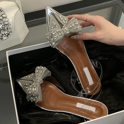 Liyke Summer Fashion Crystal Sequined Bowknot Women Pumps Sexy Pointed Toe Clear Low Heels Mules Sandals PVC Transparent Shoes