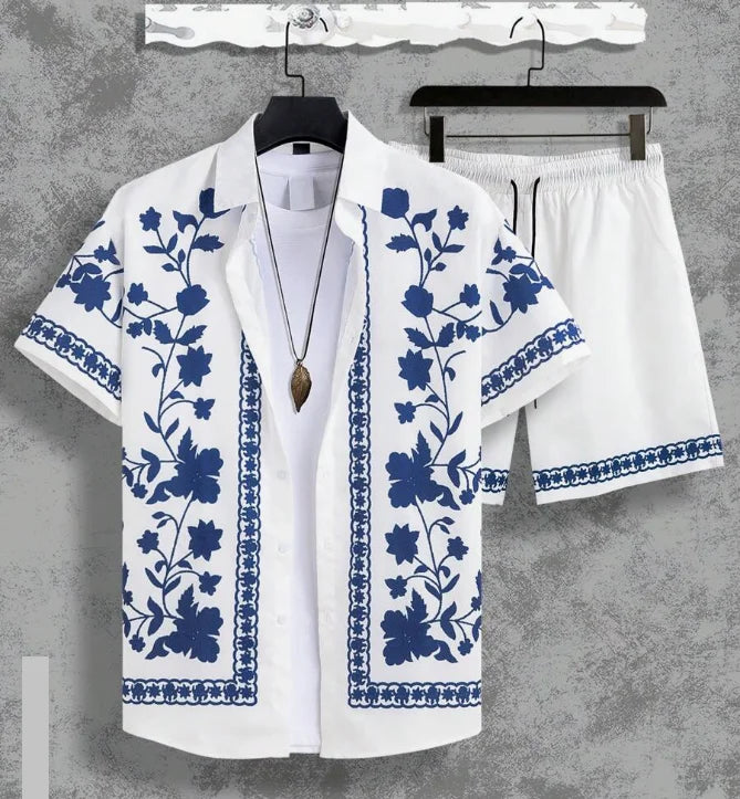 Hawaiian Shirt Set Men 3D Printed Blue White Porcelain Pattern Summer Fashion Casual Daily Oversized Shirt+shorts 2 Piece Set