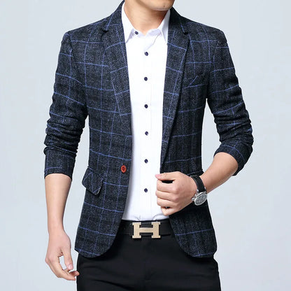 Men's Korean Style Spring Autumn Casual Small Suit Checkered Jacket Fitted Large Size Single Western Wear