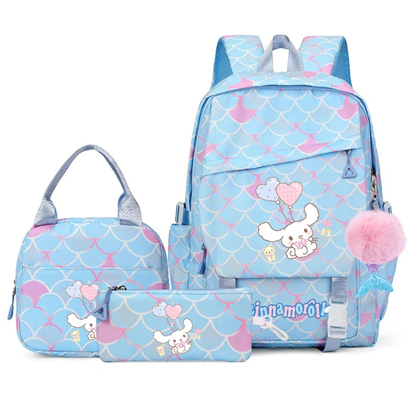 3Pcs Cinnamoroll Fish Scale Kid Backpack With Mermaid Pendant Lunch Girl School Bag Children Schoolbag For Teenage Girls