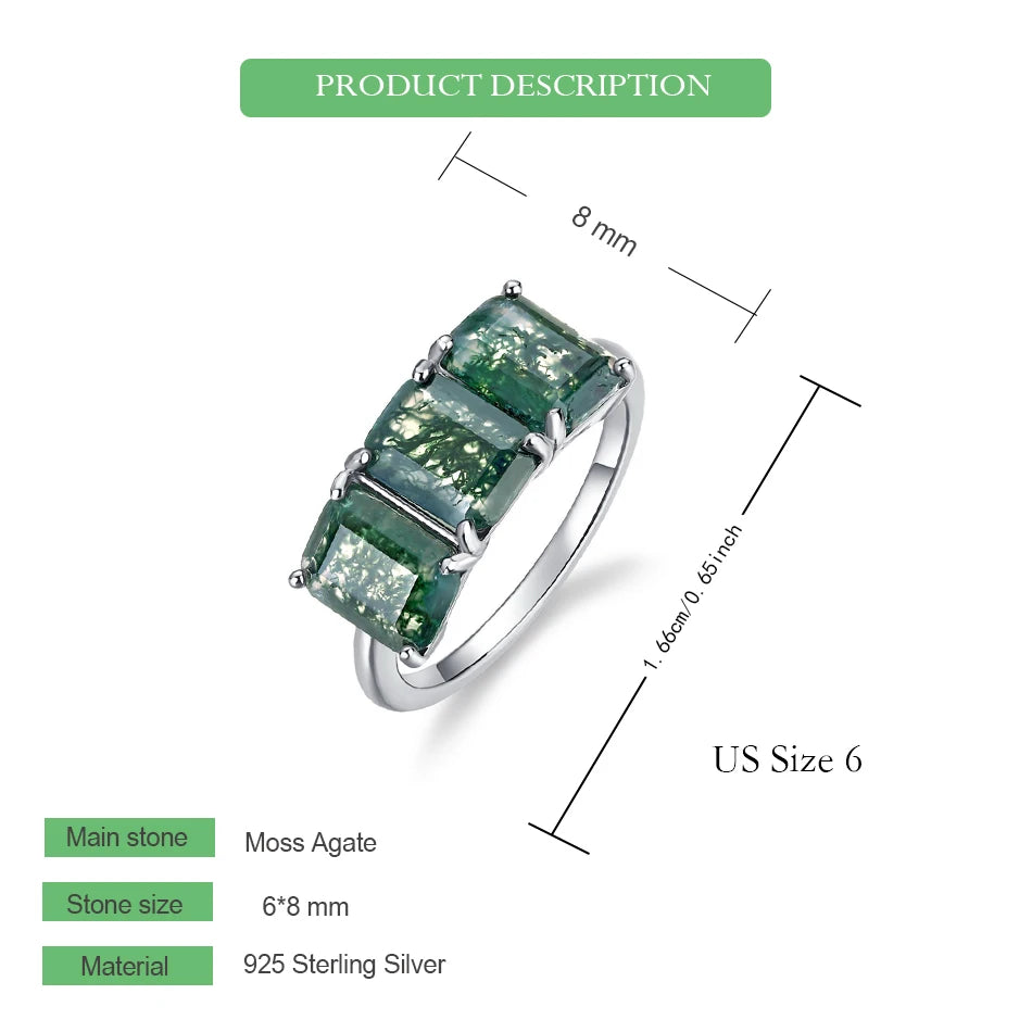 WES 925 Sterling Silver Three Stones Natural 6*8mm Moss Agate Ring for Woman Luxury Jewelry Wedding Party Gift Rhodium Plated