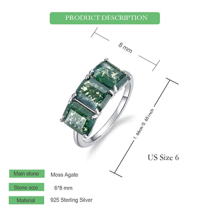 WES 925 Sterling Silver Three Stones Natural 6*8mm Moss Agate Ring for Woman Luxury Jewelry Wedding Party Gift Rhodium Plated