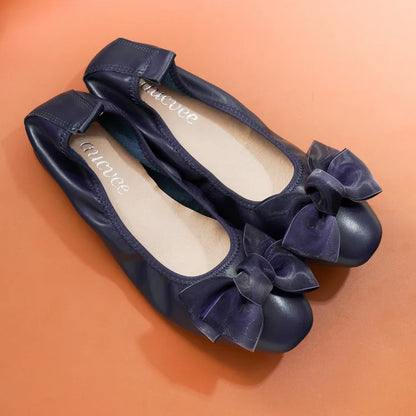 2024 Summer Genuine Leather Bowknot Ballerina Women's Flat Round Toe Comfort Slip-On Ladies Loafers Leather Single Mules Shoes