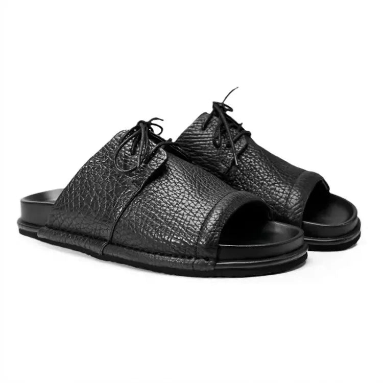 Summer Fashion Mens Lace Up Open Toe Cowhide Genuine Leather Slippers Casual Outside Beach Shoes Rome Flats Soft Platform Slides