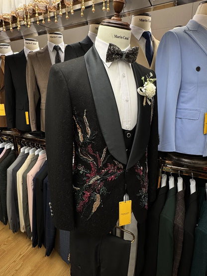 In Stock Stylish Men's Suit Customized Hot Sale Single Breasted New Handsome Banquet Jacket Vest Pants Luxurious Groom Wear