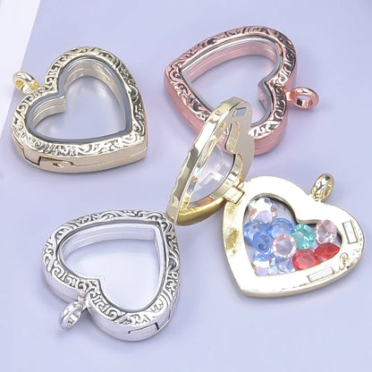 Glass Metal Gold Color Heart Round Water Drop Relicario Photo Locket Necklace Rhinestone Floating Charm O-shaped Chains Necklace