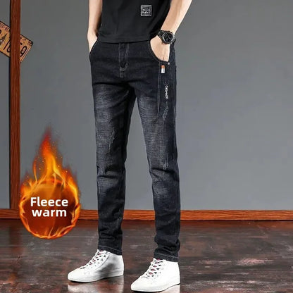 Fashion Men's Jeans Fashion Casual Slim Autumn Winter Fleece Kpop Denim Pants Plus Velvet Korean Luxury Clothing Classic Jeans
