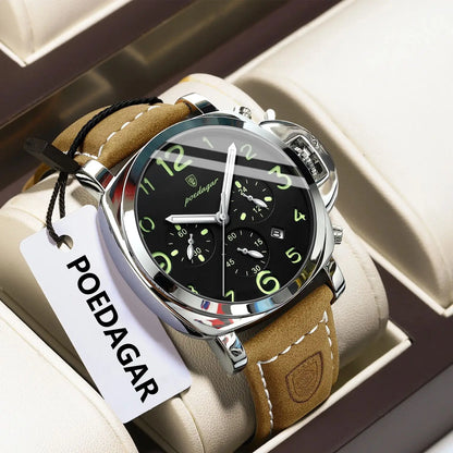 POEDAGAR Fashion Luxury Men Wristwatch Waterproof Luminous Chronograph Date Man Watch Unique Sports Leather Quartz Men's Watches