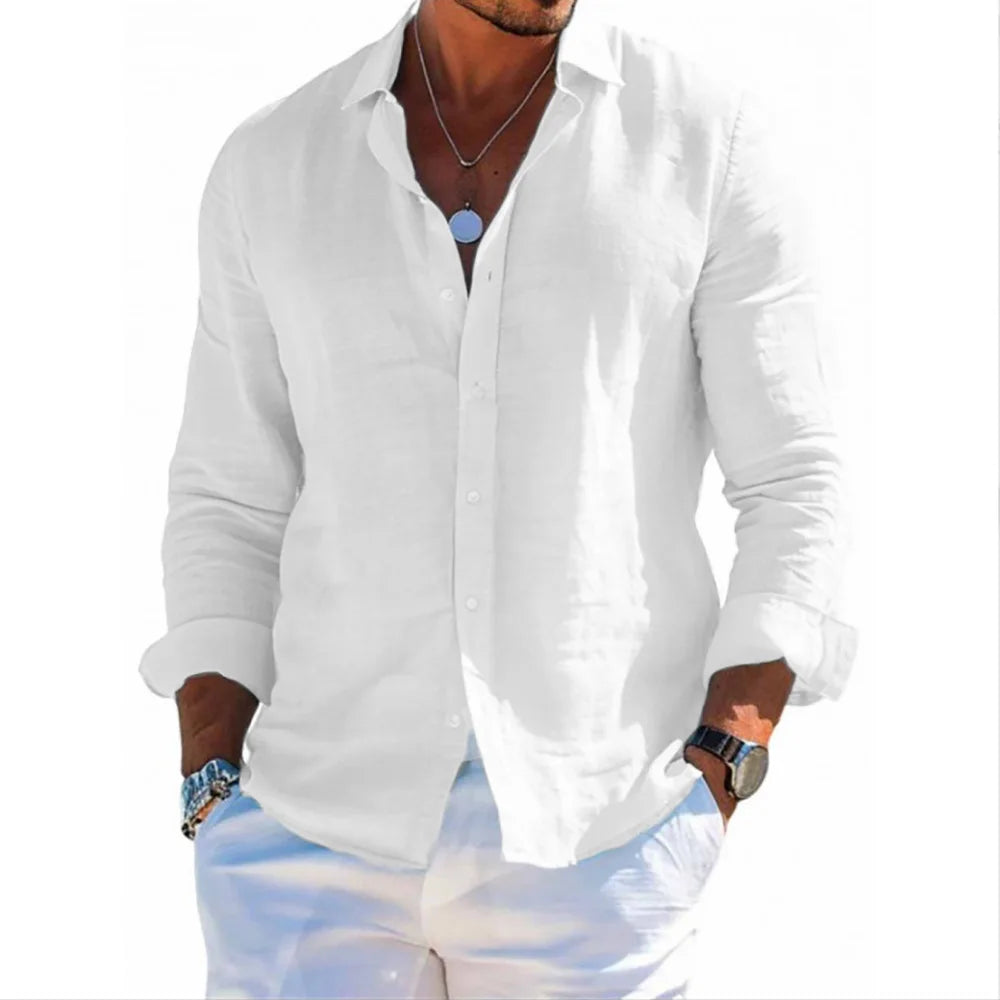 Men Beach Style Shirts Cotton Linen Casual Button Tops Lightweight Breathable Lapel Collar Vacation Hawaii Stylish Shirts
