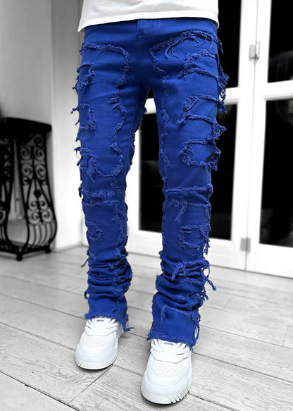 Man Stacked Jeans Elastic Waist Straight Fit Patchworks Denim Long Pants Fringe Ripped Jeans For Men