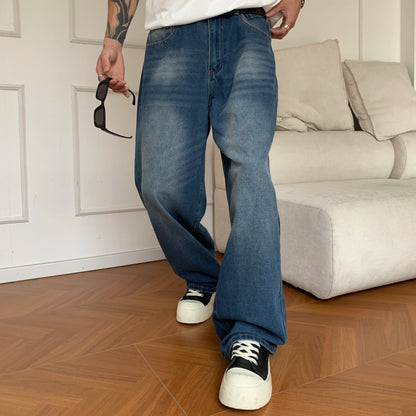 Summer Men's Denim Pants Old Blue Washed Male Baggy Jeans Four Seasons Straight Casual Menwear Loose Wide Leg Trousers Fashion