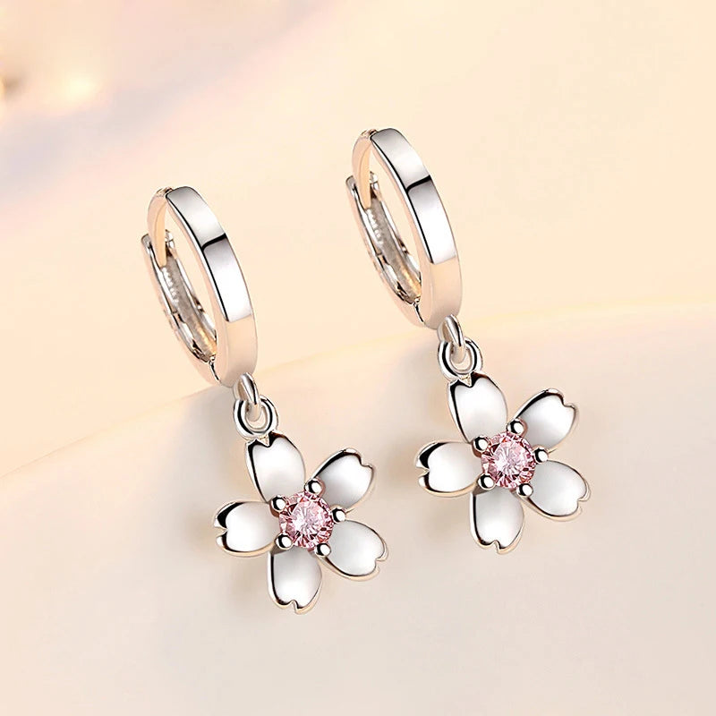 Simple Fashion 925 Sterling Silver Earrings For Women Cute Pink/White Zircon Cherry Blossoms Drop Earrings Pendientes