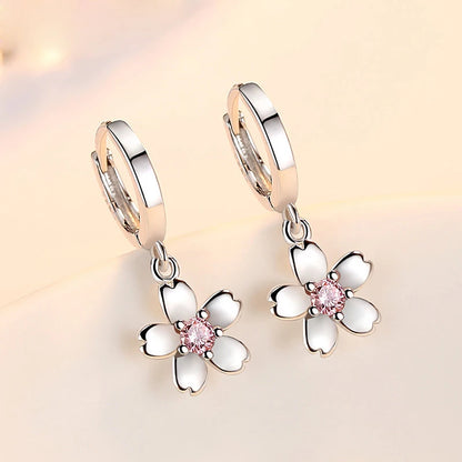Simple Fashion 925 Sterling Silver Earrings For Women Cute Pink/White Zircon Cherry Blossoms Drop Earrings Pendientes