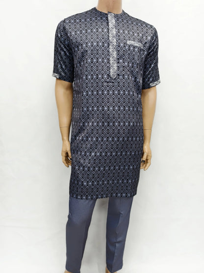 Islamic Moroccan Men's Modern Fashion Prayer Eid Robe Short Sleeve Round Neck Printing Embroidery Arabian Jubba Thobe Clothing