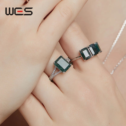 WES 925 Sterling Silver Three Stones Natural 6*8mm Moss Agate Ring for Woman Luxury Jewelry Wedding Party Gift Rhodium Plated