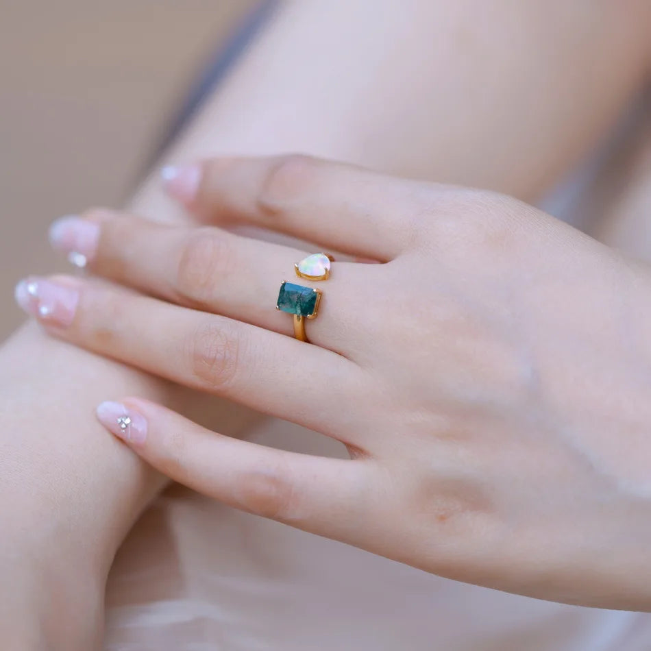 WES 925 Sterling Silver Geometric Natural Moss Agate Adjustable Rings for Women Gemstone Opal Gold Plated Certified Jewelry Band