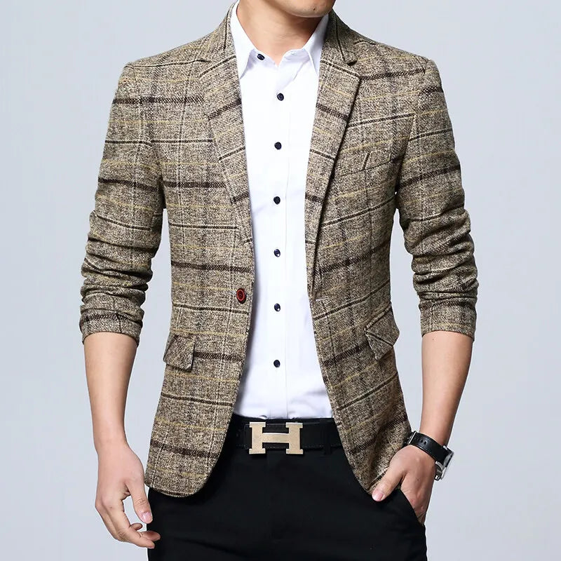 Men's Korean Style Spring Autumn Casual Small Suit Checkered Jacket Fitted Large Size Single Western Wear