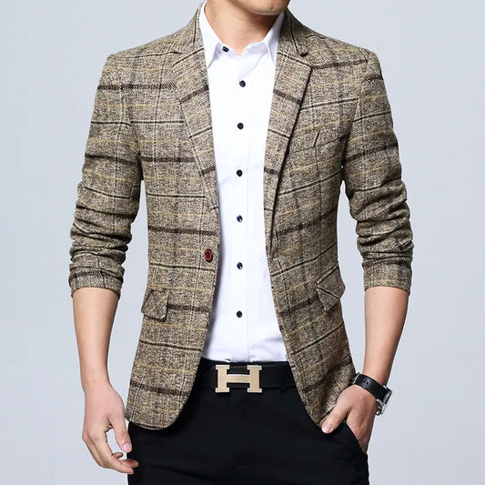Men's Korean Style Spring Autumn Casual Small Suit Checkered Jacket Fitted Large Size Single Western Wear