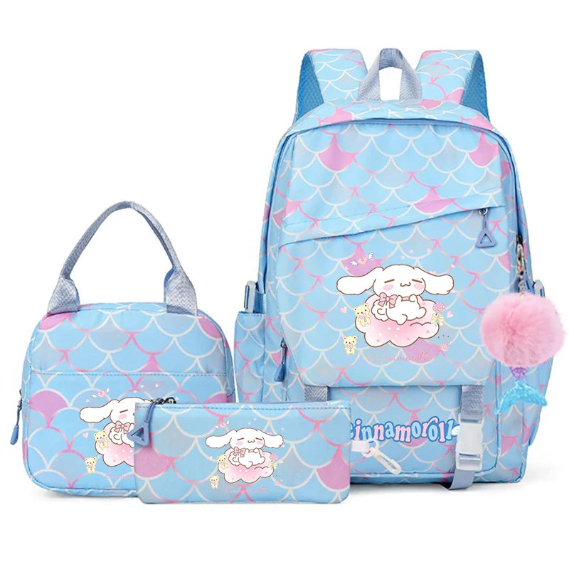 3Pcs Cinnamoroll Fish Scale Kid Backpack With Mermaid Pendant Lunch Girl School Bag Children Schoolbag For Teenage Girls