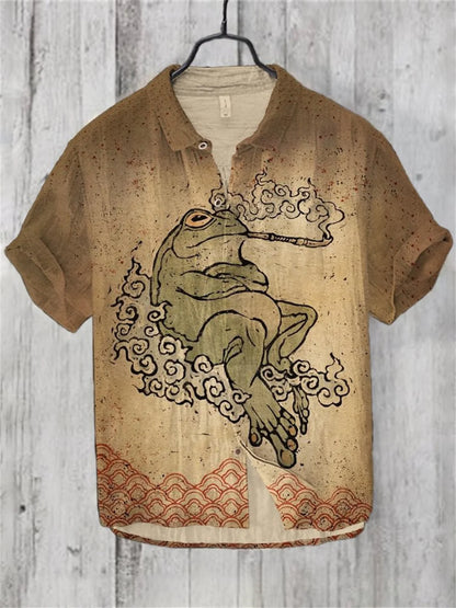 Hawaiian Shirt with Bamboo Joint, Plum Blossom, Sunrise Print, Japanese Art Linen, Leisure Holiday,  Cardigan, Flip Collar, New