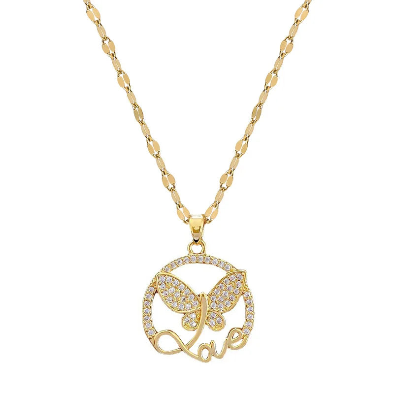 DIEYURO 316L Stainless Steel Butterfly Love Letter Pendant Necklace For Women Girl New Trend Clavicle Chain Jewelry Lady Gift