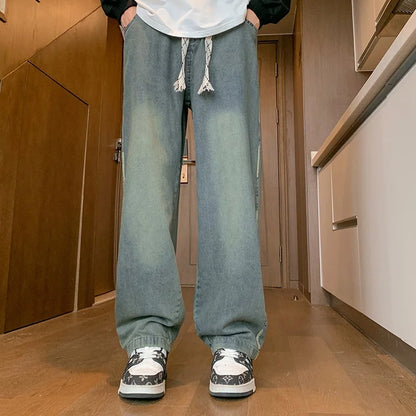 New Men's Blue Jeans Baggy Fit Straight Leg Denim Trousers 2025 Autumn High Street Fashion Y2K Jean Casual pantalones hombre